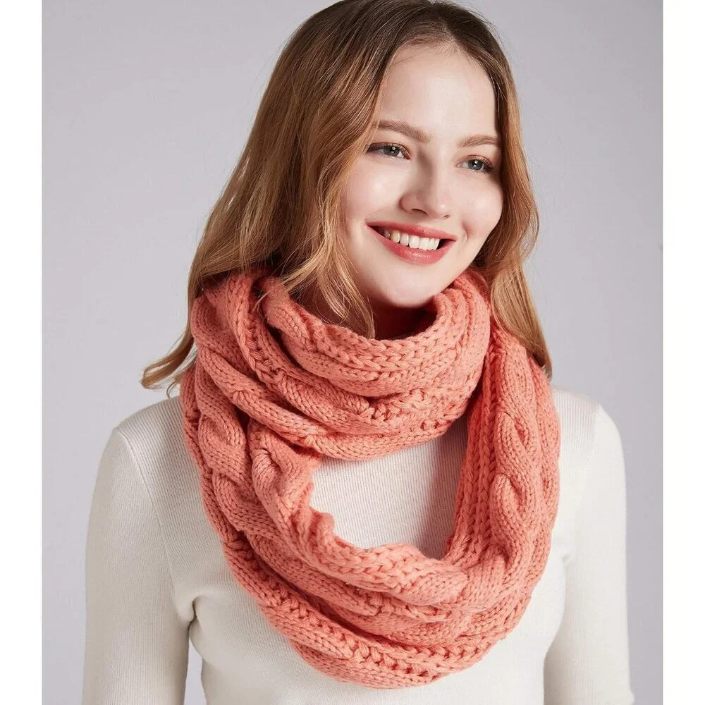 Women's Twist Pink Thick Ribbed Knit Winter Infinity Circle Loop Scarf